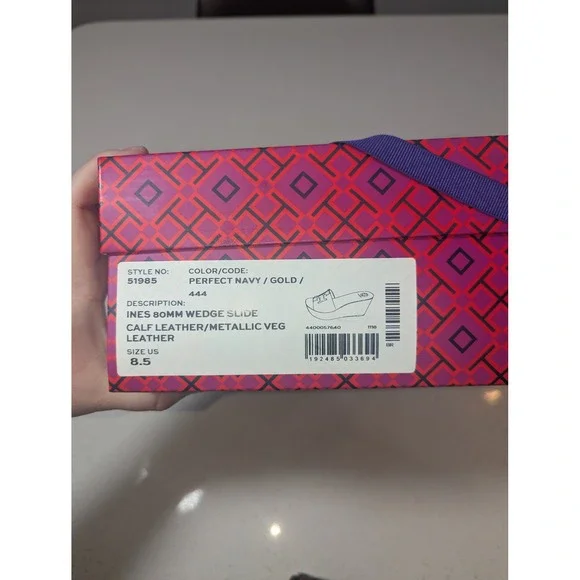 Tory Burch Ines Wedge Slide Women 8.5 Navy Gold Leather 80mm 51985 - Picture 7 of 7